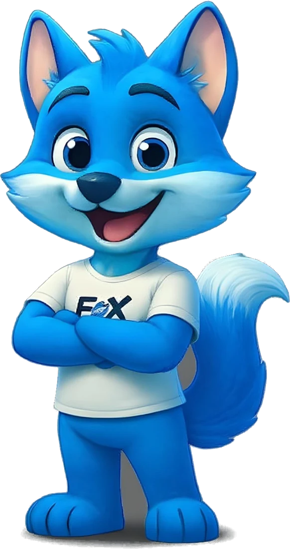 Mascote da Fox Fiber de braços cruzados, sorrindo