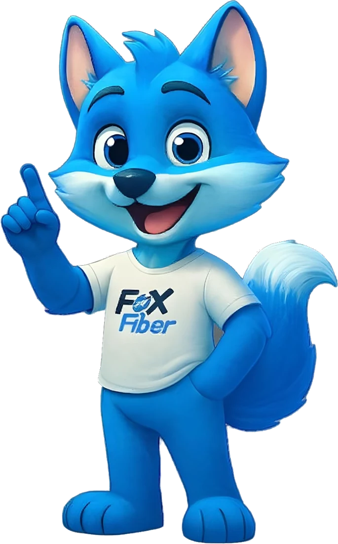 Mascote da Fox Fiber apontando para o aplicativo de câmeras